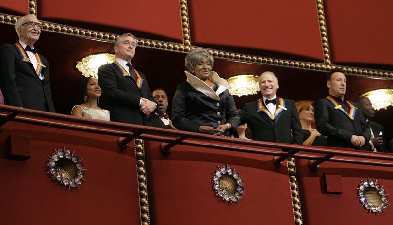 Stars align: Kennedy Center honorees, from left, jazz pianist and composer Dave Brubeck, actor Robert De Niro, opera singer Grace Bumbry, comic genius Mel Brooks and musician Bruce Springsteen stand at the Kennedy Center Honors gala in Washington, D.C., on Sunday. The awards  recognize those  who have defined American culture through the arts as a living memorial to John F. Kennedy.     (Associated Press)