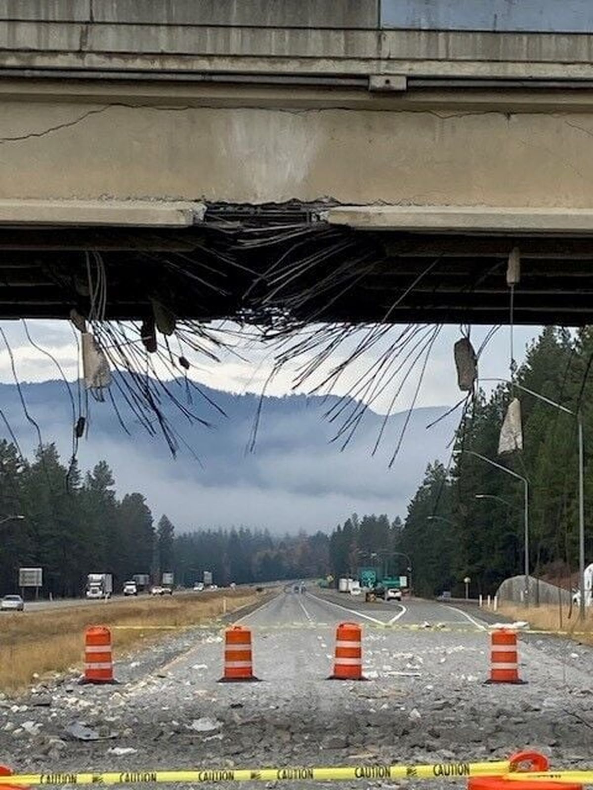 Westbound I-90 closed temporarily last month after an oversized vehicle struck the Bullfrog Road overpass on Oct. 18 at approximately 10 p.m near Cle Elum.  (Courtesy Washington State Department of Transportation)
