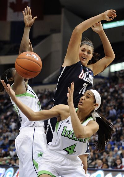 Skylar Diggins (4) stole a late pass that led to winning basket for Irish. (Associated Press)