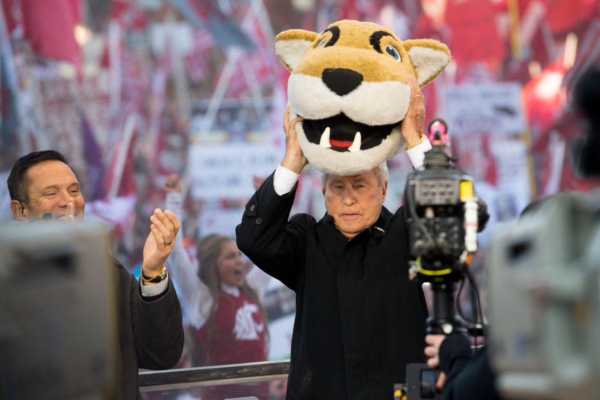 ESPN host Lee Corso dons a Butch head after picking Washington State to defeat Oregon during a filming of ESPN’s College GameDay on Oct. 20, 2018 in Pullman. (Tyler Tjomsland/The Spokesman-Review)