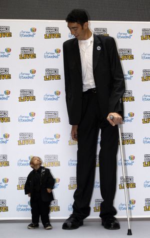 He Pingping of China, 21, left, and Sultan Kosen of Turkey, 27, are seen during an event organized by Guinness World Records in Istanbul, Turkey, on Thursday.  Kosen is the tallest man walking the planet with a height of  8 feet, 1 inch, and He is officially the world’s shortest man with a height of 2 feet, 5 inches.  (Associated Press)