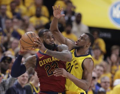 In this April 20, 2018 file photo, Cleveland Cavaliers’ LeBron James (23) is defended by Indiana Pacers’ Thaddeus Young during the second half of Game 3 of a first-round NBA basketball playoff series in Indianapolis. Indiana won 92-90. James hasn’t had to work this hard, this early in the NBA playoffs for a few years. James and the Cleveland Cavaliers held off Indiana’s comeback in Game 4 to even the series. The Pacers have been resilient all season and will look to bounce back again on Wednesday in one of four Game 5s on the playoff schedule. (Darron Cummings / Associated Press)