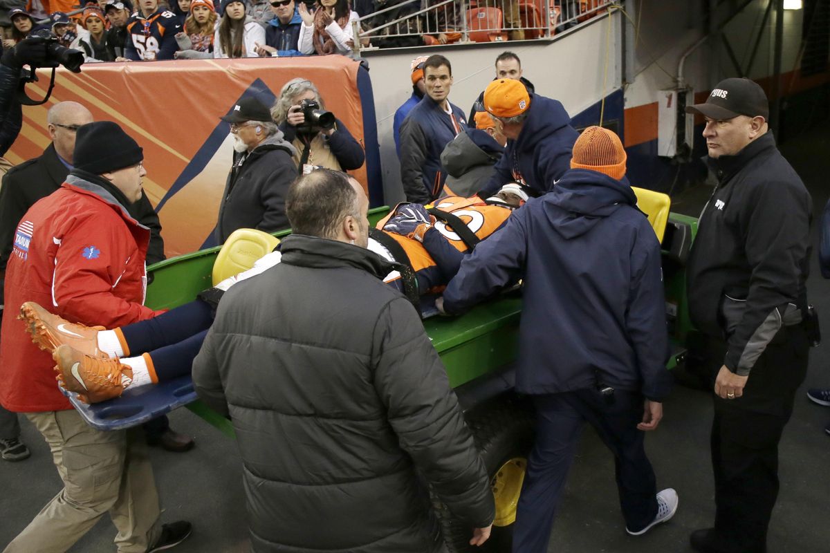 In this Sunday, Jan. 1, 2017, file photograph, Denver Broncos linebacker Zaire Anderson is taken off the field with an injury during an NFL football game against the Oakland Raiders in Denver. Anderson is happy to be back on the gridiron after the injury left him unconscious for a short time. (Jack Dempsey / Associated Press)