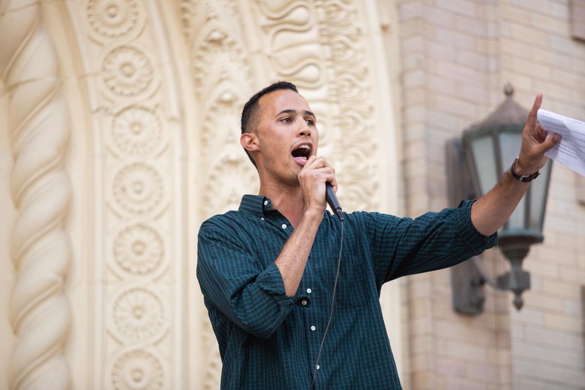Devon Wilson, criminal justice chair of Spokane’s NAACP, delivers a passionate speech at an anti white nationalism rally on Aug. 2, 2018, at the Spokane County Courthouse. Wilson also spoke on behalf of the Poor People’s Campaign. (Libby Kamrowski / The Spokesman-Review)