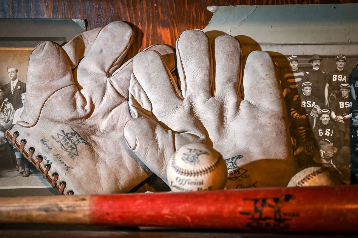 A rare pair of 1925 Draper-Maynard fielders glove are in Jackson’s collection.  (Dan Pelle/The Spokesman-Review)