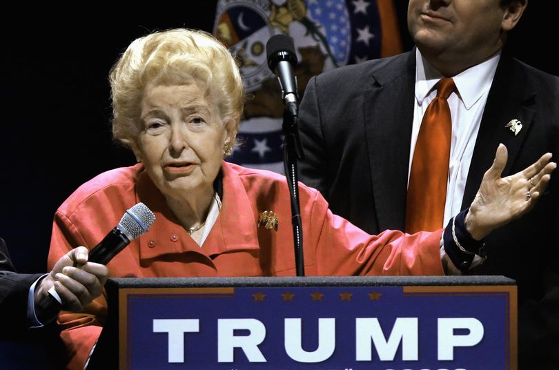 In this March 11 photo, longtime conservative activist Phyllis Schlafly  endorses Republican presidential candidate Donald Trump before Trump begins speaking at a campaign rally in St. Louis. (Seth Perlman / Associated Press)