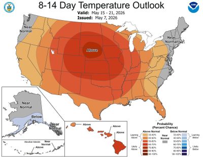 A mid-May outlook from the National Oceanic and Atmospheric Administration means goodbye to mild temperatures and hello summer heat for most of the U.S.  (Provided by NOAA)