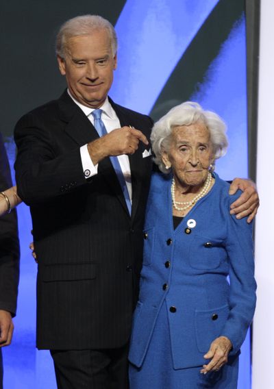 Then-vice presidential nominee Sen. Joe Biden  and his mother, Catherine Eugenia “Jean” Biden, on stage in Denver in 2008.  (Associated Press)