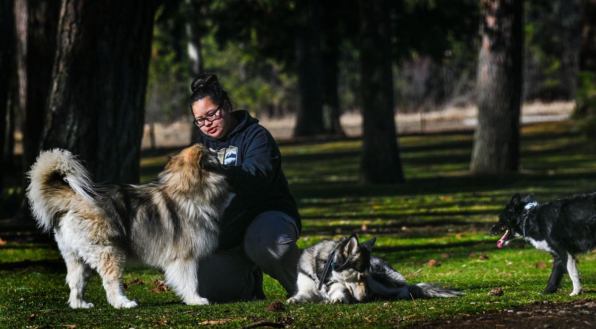 locals get outside: Miranda Tapp enjoys the unusually warm weather while playing with her dogs, Baxter, Navy and Bailey, at Q’emiln Park on Wednesday, Feb. 11 in Post Falls.  (Kathy Plonka/The Spokesman-Review)