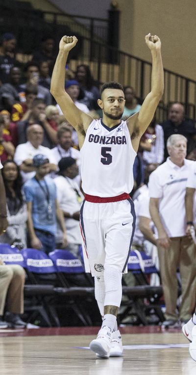 Gonzaga guard Nigel Williams-Goss (5) celebrates a win over Iowa State at the end of an NCAA college basketball game at the Advocare Invitational tournament in Lake Buena Vista, Fla., on Sunday. (Willie J. Allen Jr. / AP)