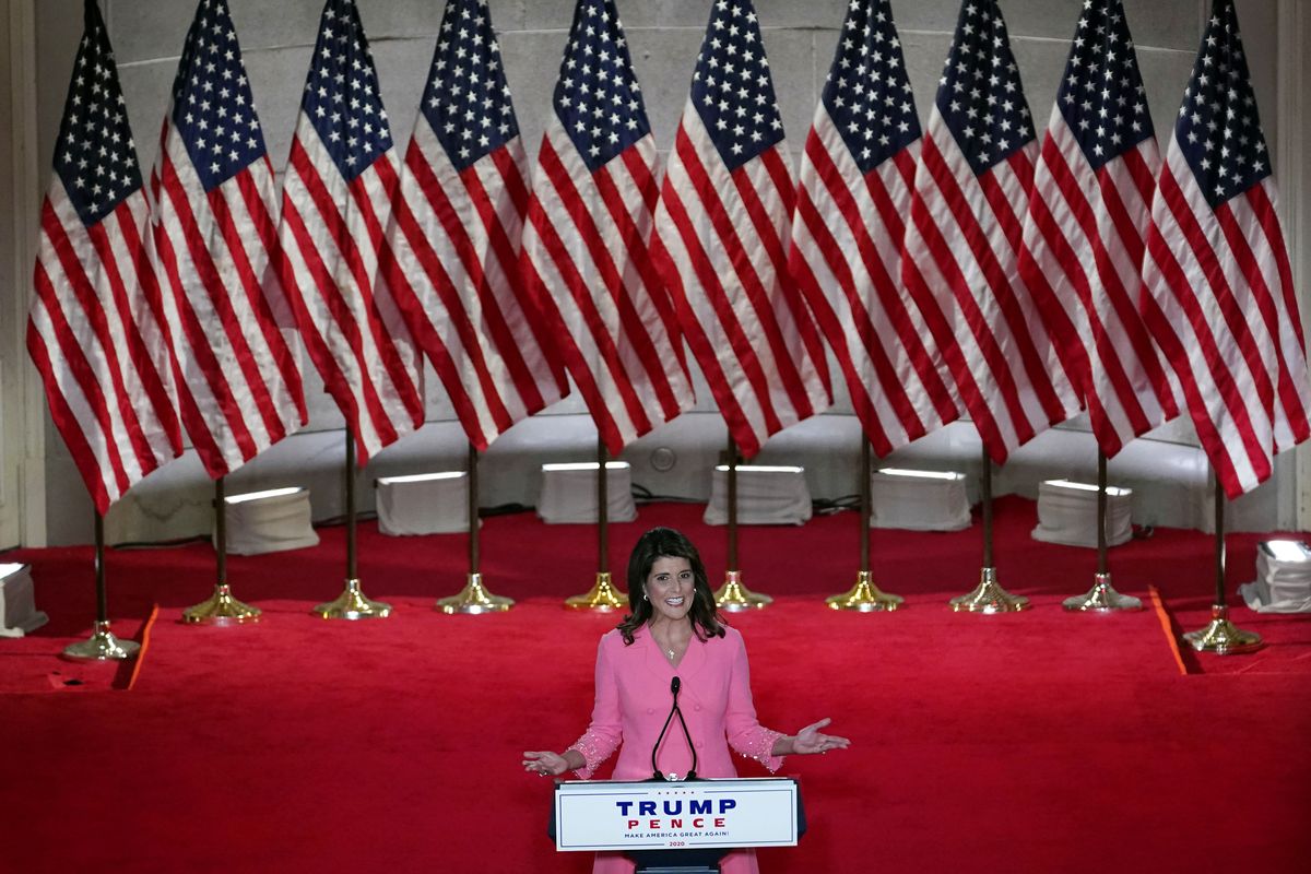 Former U.N. Ambassador Nikki Haley speaks during the Republican National Convention from the Andrew W. Mellon Auditorium in Washington, Monday, Aug. 24, 2020. (Susan Walsh)