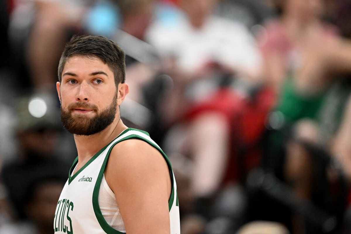 Boston center Killian Tillie pauses between plays against Miami during an NBA Summer League matchup last month at Cox Pavilion in Las Vegas.  (Tyler Tjomsland / The Spokesman-Review)