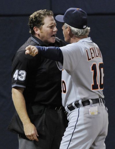 Detroit manager Jim Leyland argues with umpire Paul Schrieber after Magglio Ordonez fanned Wednesday.  (Associated Press / The Spokesman-Review)