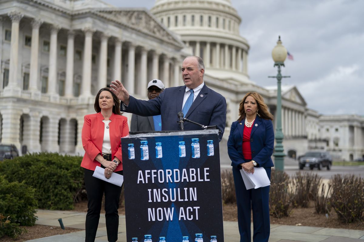 From left, Rep. Angie Craig, D-Minn., House Majority Whip James Clyburn, D-S.C., Rep. Dan Kildee, D-Mich., Rep. Lucy McBath, Ga., talk about their legislation aimed at capping the price of insulin, at the Capitol in Washington, Thursday, March 31, 2022. The bill would keep consumers