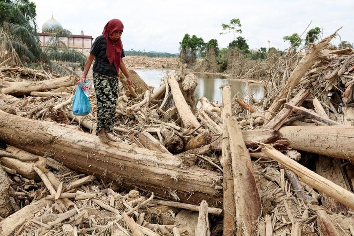 A survivor carries relief supplies while walking through tree trunks that were stranded in an area affected by a deadly flash flood following heavy rains in Karang Baru, Aceh Tamiang regency, Aceh province, Indonesia, December 6, 2025. REUTERS/Ajeng Dinar Ulfiana (Ajeng Dinar Ulfiana)