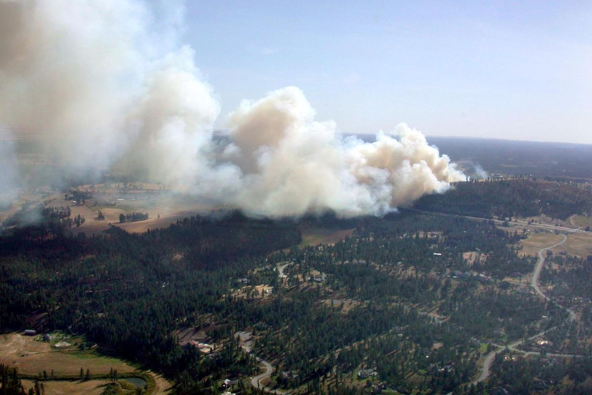 Aerial view of the timber fire along Highway U.S. 195 south of Spokane. (Photo courtesy of George Perks)