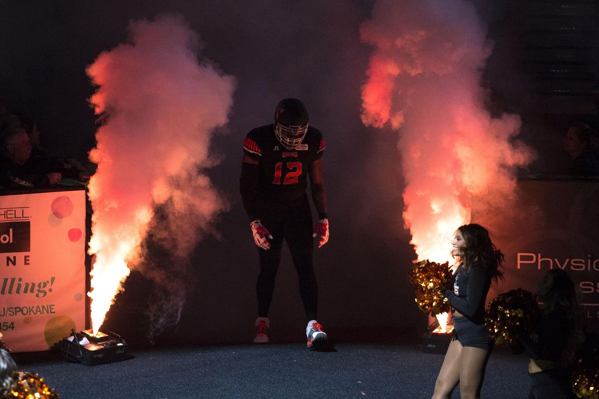 Spokane Empire defensive lineman Toby Jackson (12) is introduced during player introductions, Fri., April 1, 2016, at the Spokane Arena in Spokane, Wash. (Colin Mulvany / The Spokesman-Review)