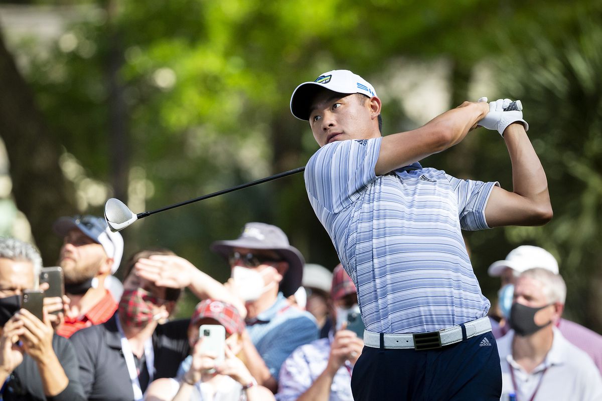 Collin Morikawa follows his drive down the 16th fairway during the third round of the RBC Heritage golf tournament in Hilton Head Island, S.C., Saturday, April 17, 2021.  (Associated Press)
