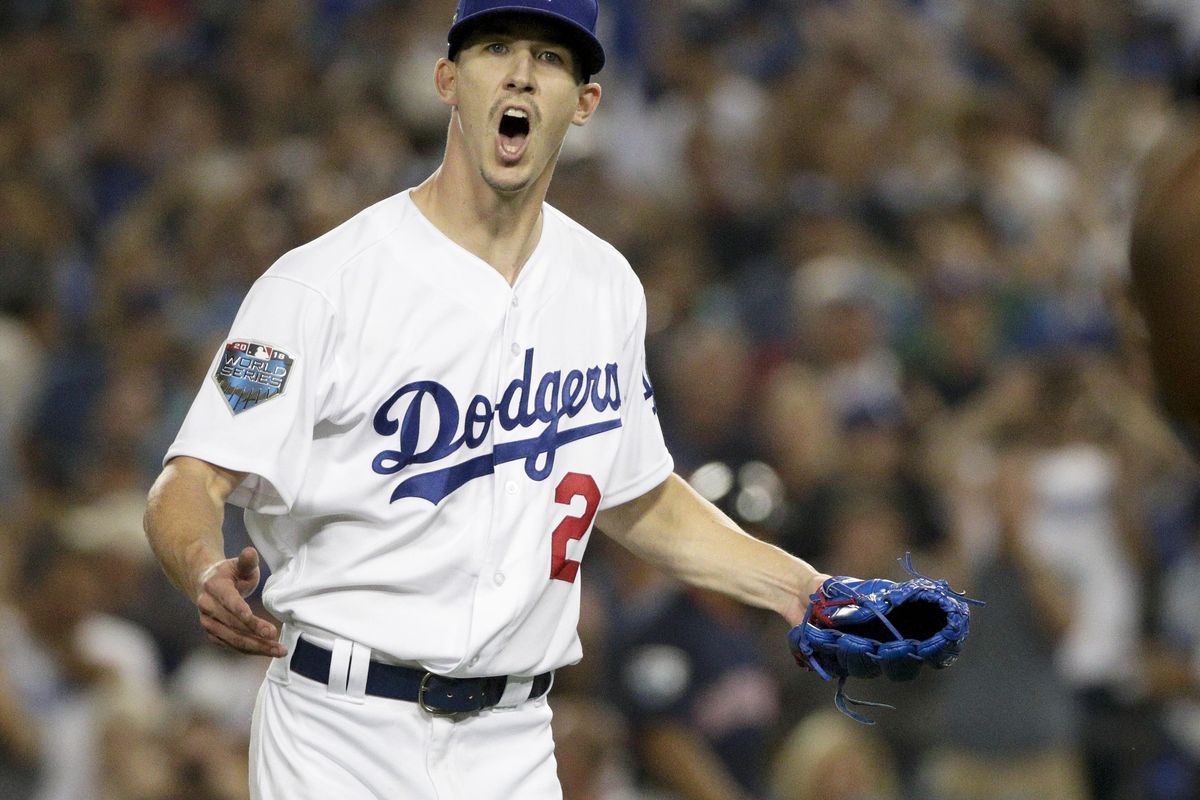 Los Angeles Dodgers starting pitcher Walker Buehler celebrates after the last out in the top of the seventh inning in Game 3 of the World Series baseball game against the Boston Red Sox on Friday, Oct. 26, 2018, in Los Angeles. (Jae C. Hong / AP)