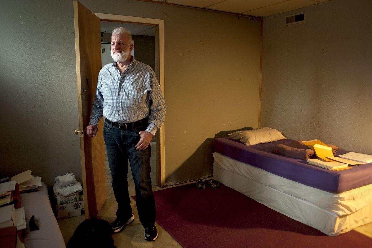Sixty-three-year-old Wylie Hunter is photographed in his room in the basement of a halfway house in Coeur d
