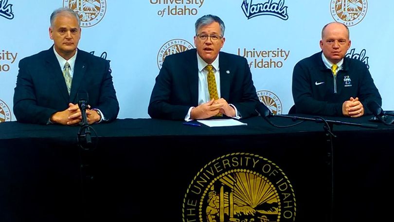 Idaho athletic director Rob Spear, left, president Chuck Staben, center, and football coach Paul Petrino take part in a press conference on Thursday at the University of Idaho. (Sean Kramer photo)