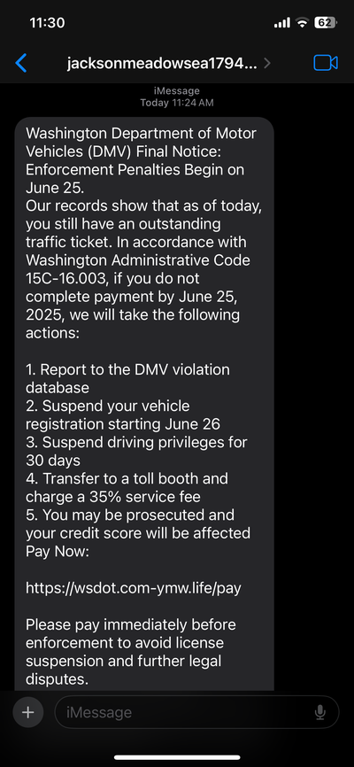A screenshot of a text received by a Washington resident Tuesday details threats of fines in what the Department of Motor Vehicles says is a phishing scam.   (The Spokesman-Review)