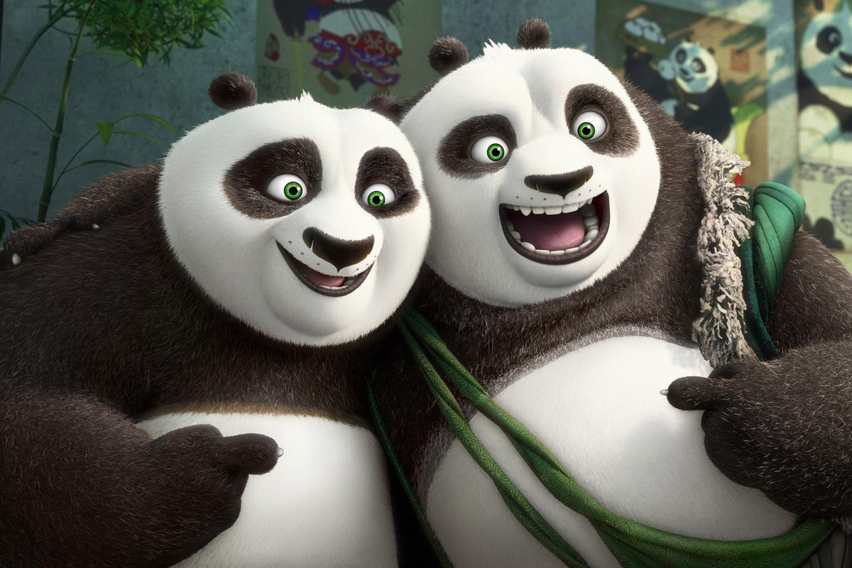 Po, voiced by Jack Black, left, and his long-lost panda father Li, voiced by Bryan Cranston, in a scene from "Kung Fu Panda 3." (DreamWorks Animation / AP)