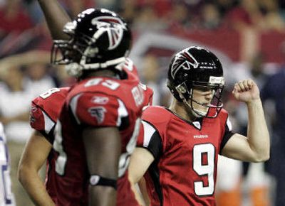 
Atlanta's Michael Koenen celebrates his game-winning field goal last Friday.  
 (Associated Press / The Spokesman-Review)