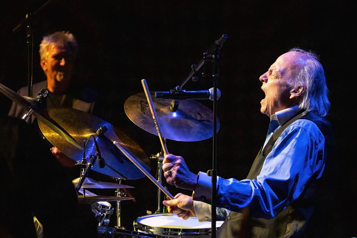 Peter Rivera belts out tunes and plays the drums during his Celebrate Symphony: A Night of Rare Earth Music event, featuring a 40-piece R&B orchestra on Friday in the Gonzaga University Coughlin Theater.  (Colin Mulvany/The Spokesman-Revi)