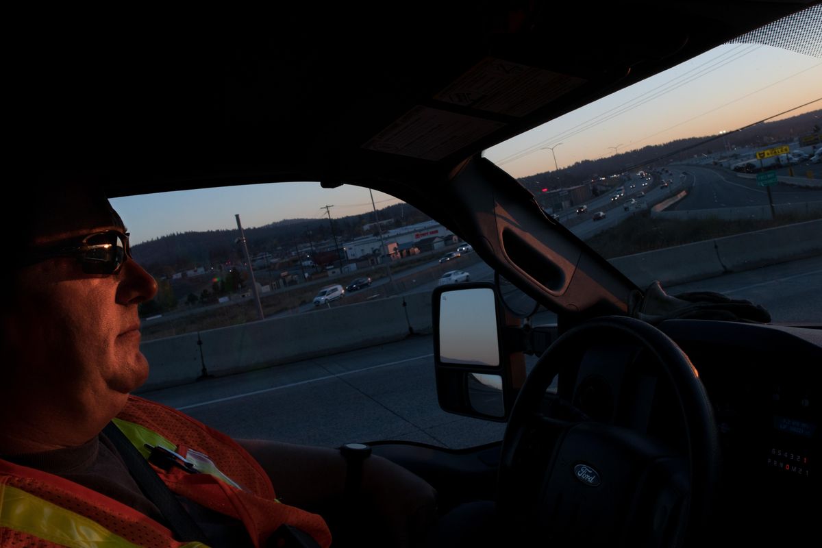 Shane Allen with Washington Department of Transportation patrols I-90 on Wednesday, Oct. 17, 2018, in Spokane, Wash. (Tyler Tjomsland / The Spokesman-Review)