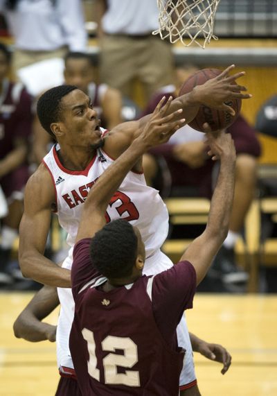 EWU’s Kyle Reid goes for a rebound in the first half. Slideshow: www.spokesman.com/picture-stories. (Colin Mulvany)