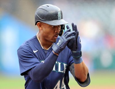 Seattle Mariners center fielder Julio Rodriguez reacts after hitting a solo home run against the Cleveland Guardians in the third inning.  (Tribune News Service)