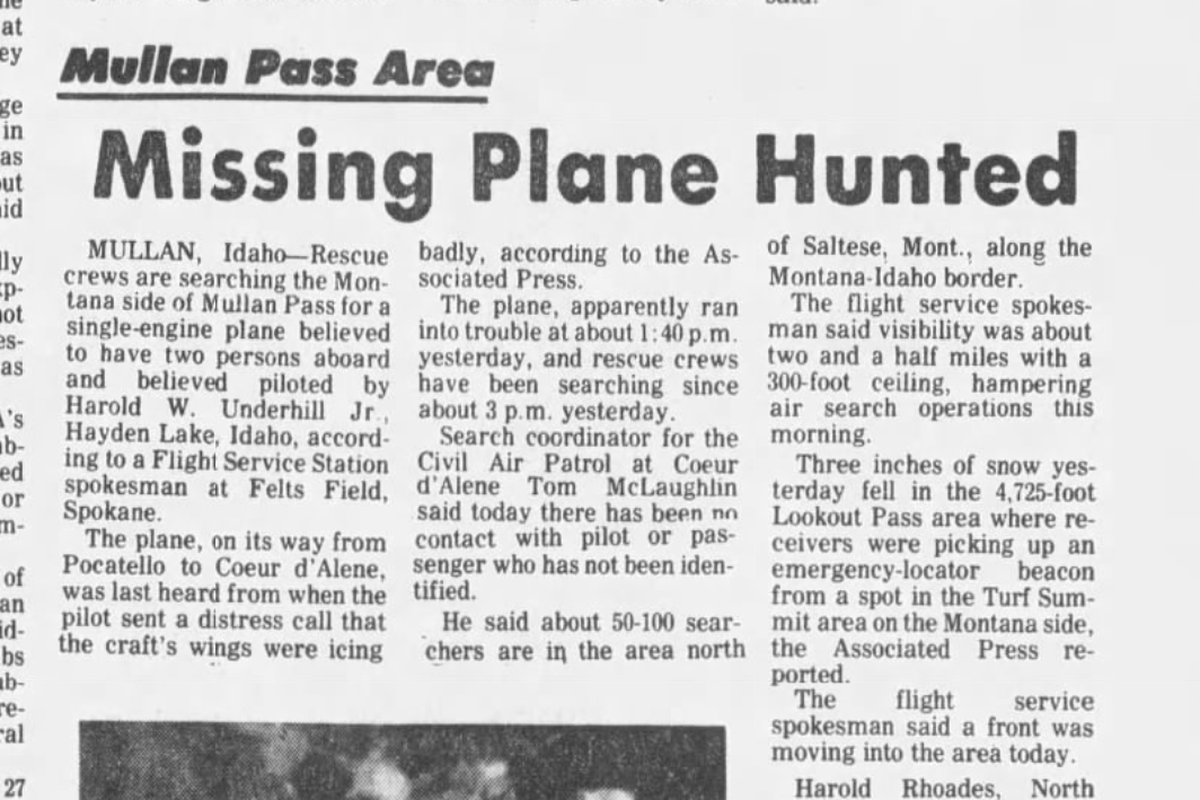 A search and rescue was underway at the Idaho-Montana border after a single-engine plane crash carrying two men from Hayden Lake.   (Spokane Daily Chronicle Archives)