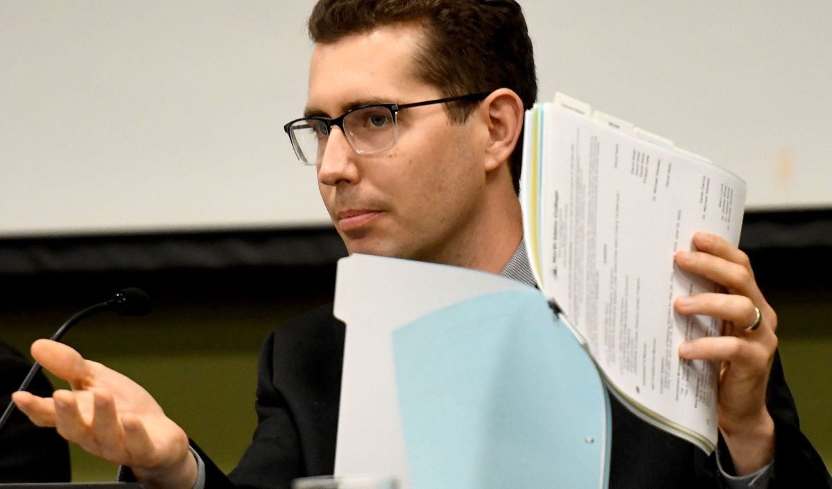 NIC Trustee Greg McKenzie raises questions during the selection of a new college president in Coeur d’Alene on Wednesday.  (Kathy Plonka/The Spokesman-Review)