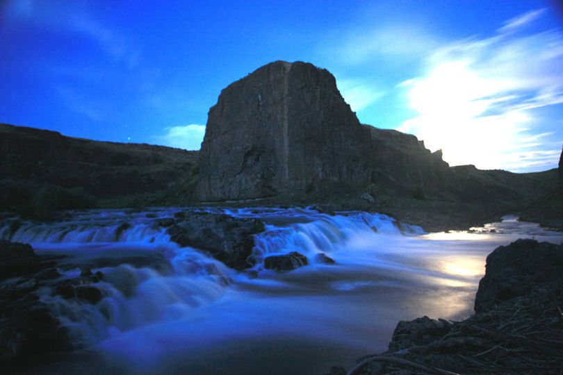 Upper Palouse Falls under full moon: The upper falls can't be seen unless one hikes from the state park visitor viewing area and parking lot. (Wes Hedrick)