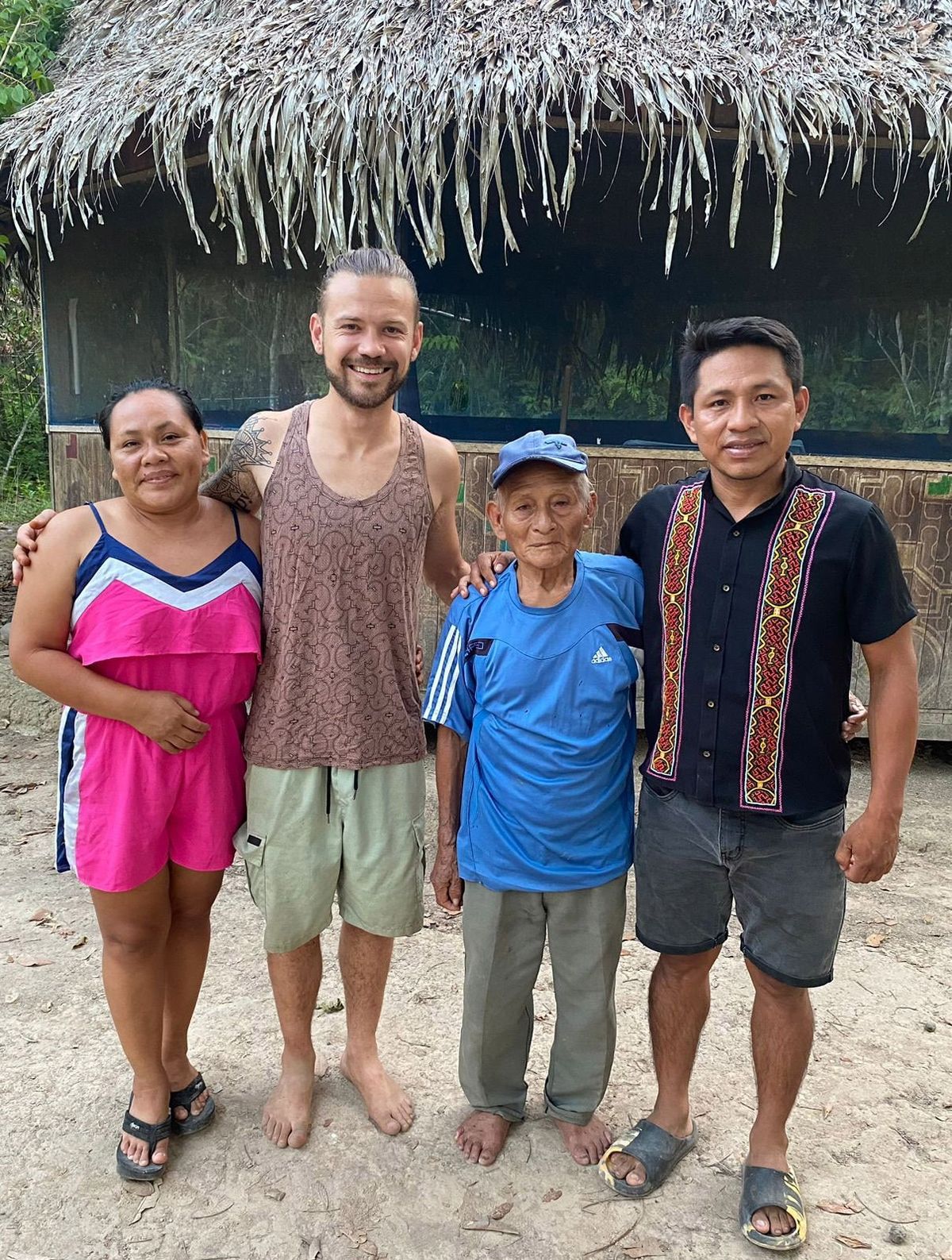 Members of the Church of Gaia, from left to right, Ketty Melissa Yuimachi Castro, ceremonial facilitator; Connor Mize, church founder; Tito Amasifuen Valera, ceremonial leader and elder of Shipibo-Conibo community; and Teddy Romayna Rodríguez, ceremonial leader, are pictured in San Francisco, Lauricocha, Peru. (Courtesy)
