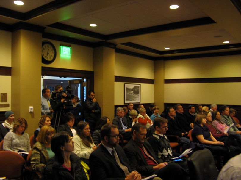 The Idaho state Board of Education meeting Thursday on tiered teacher licensing drew a standing-room only crowd (Betsy Russell)