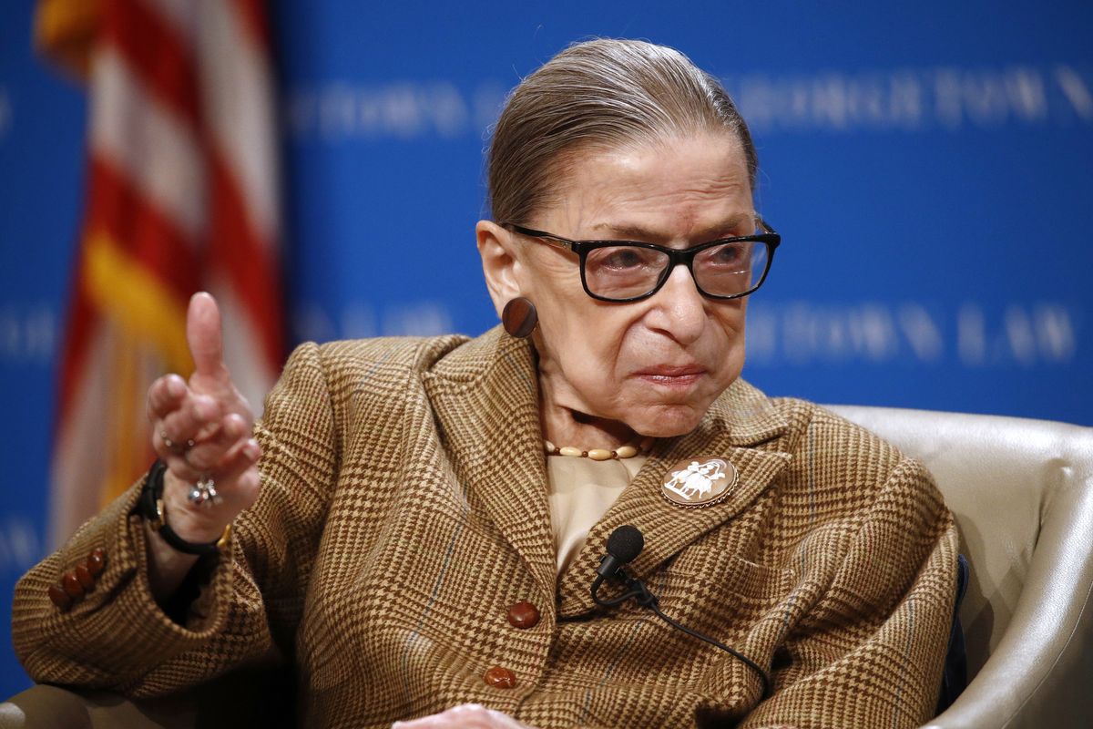 FILE – In this Feb. 10, 2020, file photo U.S. Supreme Court Associate Justice Ruth Bader Ginsburg speaks during a discussion on the 100th anniversary of the ratification of the 19th Amendment at Georgetown University Law Center in Washington.  (Patrick Semansky)