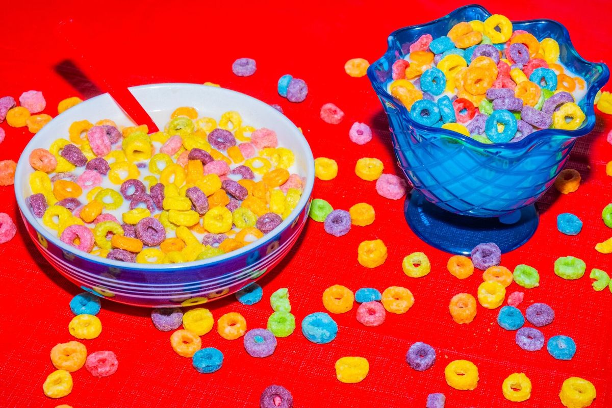 Canadian Froot Loops, left, have a duller color palette than the American version.  (Lucia Buricelli/Bloomberg)