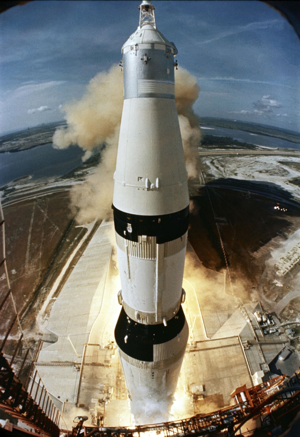 The Saturn V rocket launches from the Kennedy Space Center in this July 1969 photo from NASA. Researchers at WSU received a contract from NASA in the 1960s to conduct research on a water system intended to deaden the roar of the five jet engines that thrust the rocket into the atmosphere. (AP)