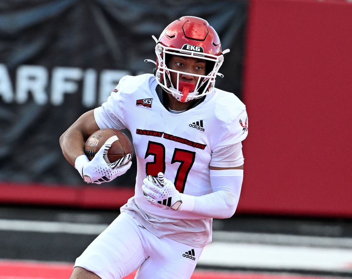 After a short reception, Eastern Washington wide receiver Marcellus Honeycutt Jr. (27) runs for a first down during the Eastern Washington University 2024 Red-White Game, Friday, April 26, 2024, in Cheney, Washington.  (COLIN MULVANY/THE SPOKESMAN-REVIEW)
