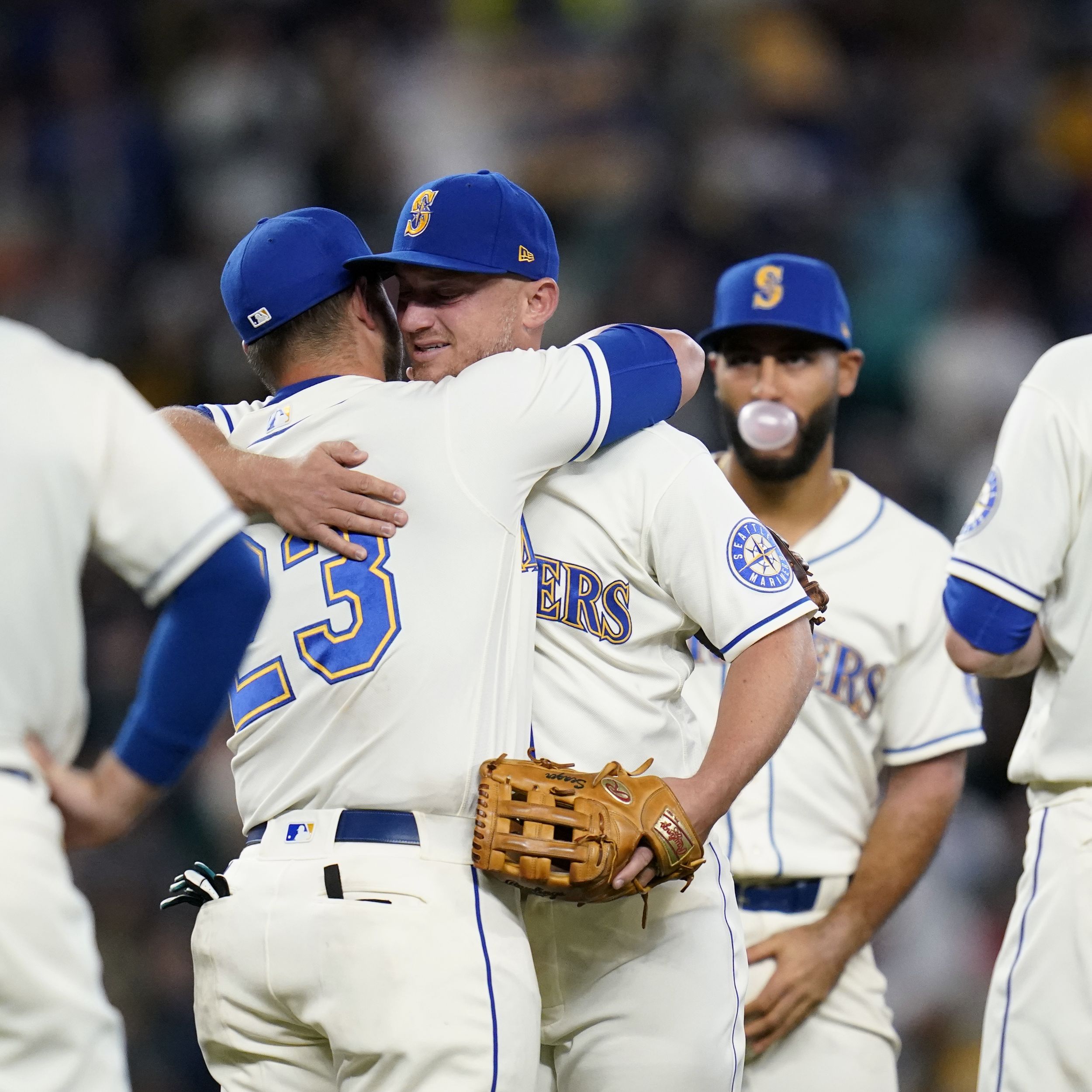 Mitch Haniger of the Seattle Mariners reacts after hitting a two-run single  in the eighth inning of a game against the Los Angeles Angels on Oct. 2,  2021, at T-Mobile Park in