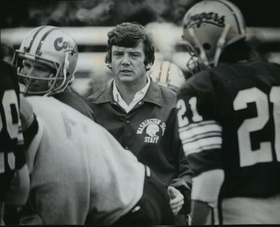 Warren Powers coaches the Washington State football team in Pullman in 1977.  (Spokesman-Review file)