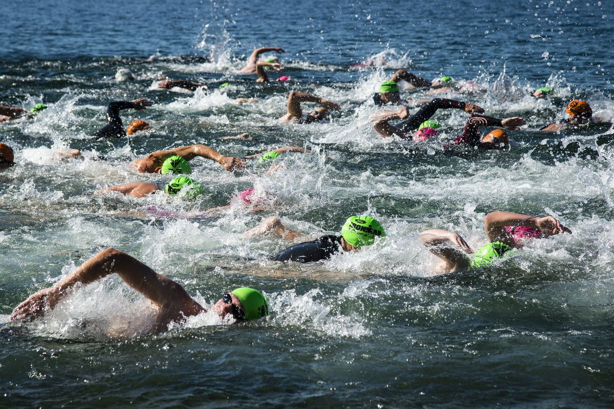 Competitors start their 1-mile open water swim at the Steve Omi Memorial Swim at Sanders Beach on Lake Coeur d’Alene on Saturday. Water temperatures in the region’s larger lakes – Hayden Lake, Lake Coeur d’Alene and Lake Pend Oreille – have been in the 70s. (Colin Mulvany)