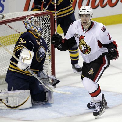 Ex-Spokane Chief Jared Cowen celebrates winning goal Tuesday. (Associated Press)