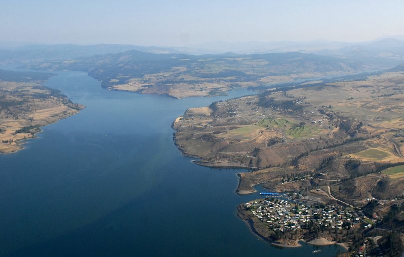 The Spokane River, right, flows into the larger Columbia River. The village of Seven Bays is at bottom right. (The Spokesman-Review)