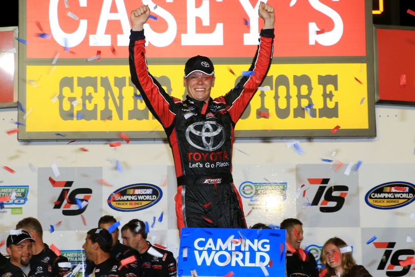 Erik Jones, driver of the #4 Special Olympics World Games Toyota, celebrates in Victory Lane after winning the NASCAR Camping World Truck Series American Ethanol 200 at Iowa Speedway on June 19, 2015 in Newton, Iowa. (Photo Credit: Daniel Shirey/NASCAR via Getty Images)