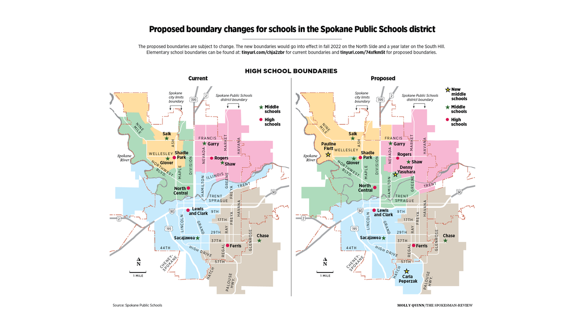 New high school boundaries approved by the Spokane school board Wednesday are shown.  