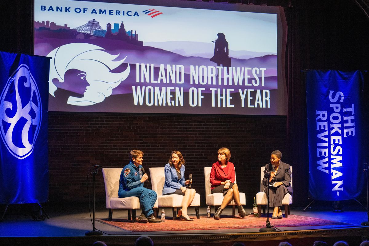 Left to right, NASA astronaut Anne McClain, Sen. Maria Cantwell and Rep. Cathy McMorris Rodgers have a conversation during the Northwest Passages Leadership Talks & Space Walks event to celebrate The Spokesman-Review Inland Northwest Women of the Year held, Monday, November 21, 2022, at the Bing Crosby Theater. The event was hosted by Spokane City Council member Betsy Wilkerson (on far right.) The discussion focused on developing leaders and leadership skills in the next generations, the importance of mentorship, and the power of the commitment to community in overcoming political differences.  (Colin Mulvany/The Spokesman-Review)