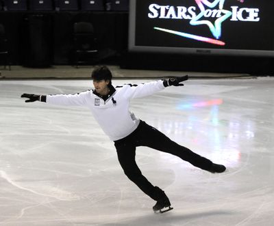 Olympic gold medalist Evan Lysacek skates on the Spokane Arena ice  during warm-ups for Friday night’s Smucker’s Stars on Ice show. (Dan Pelle)